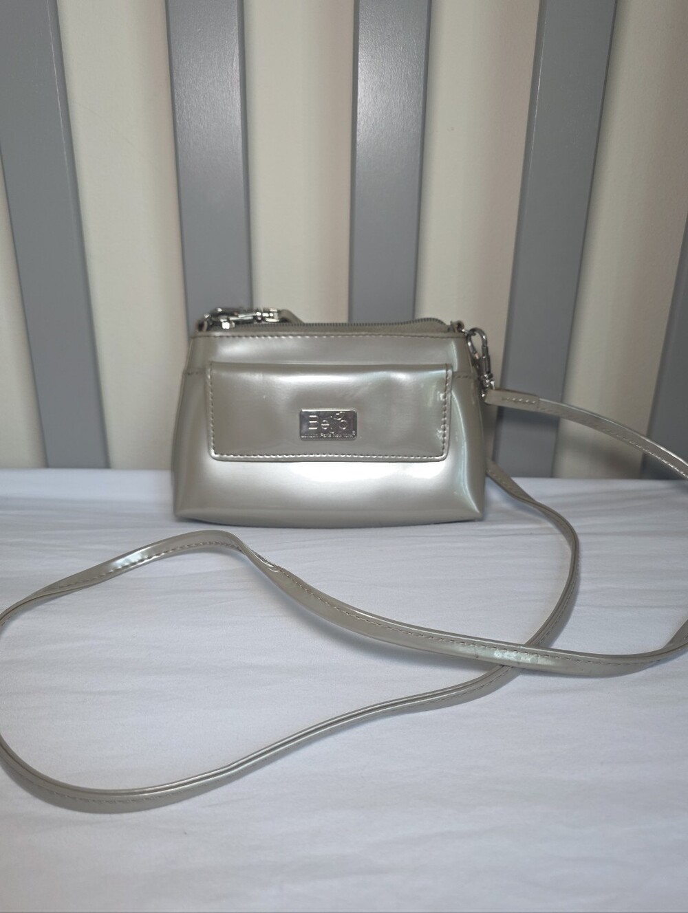 Beijo Metallic Champagne Mini Crossbody Bag With Patent Finish